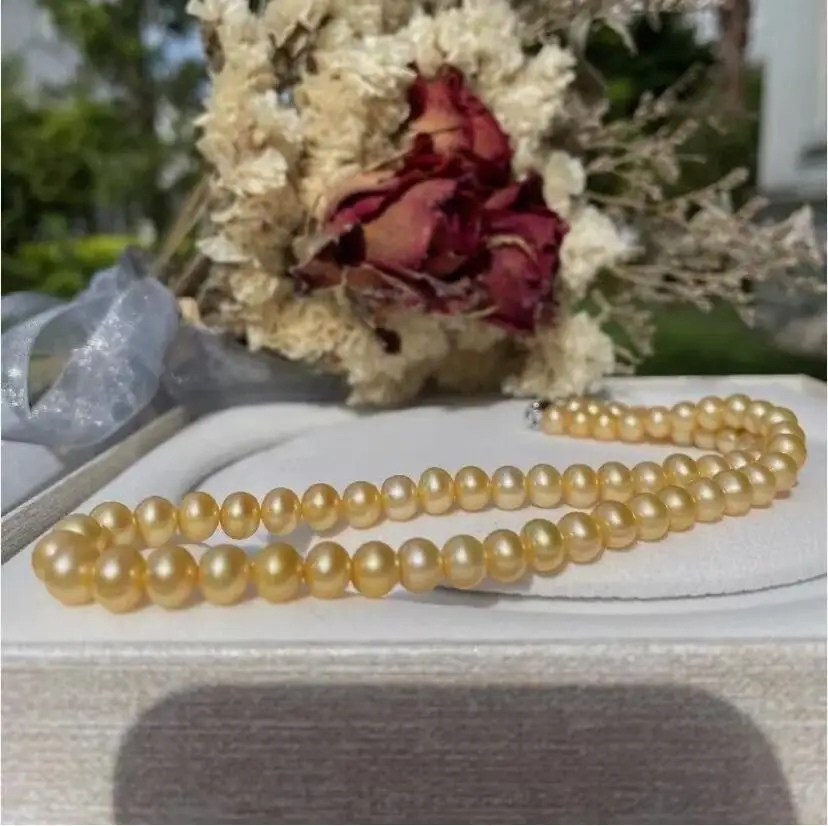 

gorgeous 8-9mm 9-10mm south sea round gold pearl necklace 18" 925s