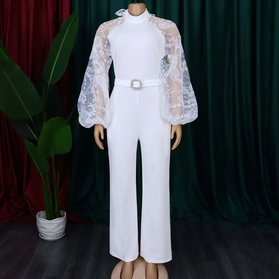 Elegant Jumpsuits & Rompers สําหรับผู้หญิง O คอแขนยาวเข็มขัดเอวตรงแอฟริกันวันเกิด PARTY Dinner Overalls เสื้อผ้า OL