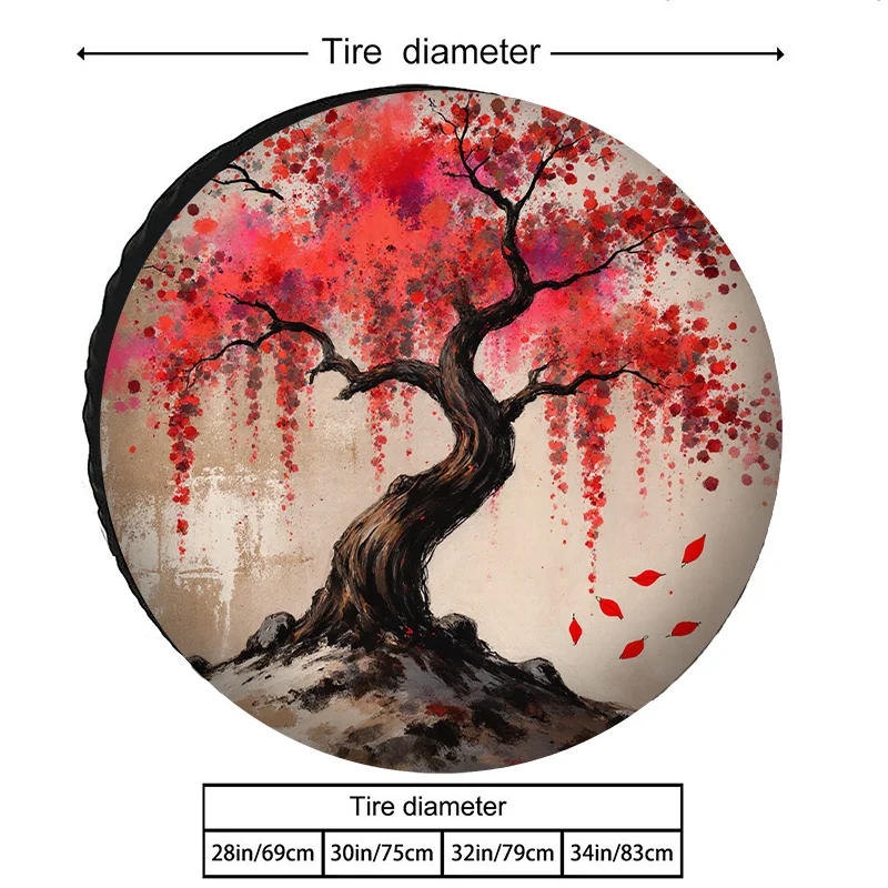 Artistic Gnarled Tree Watercolor Pattern Polyester Fiber Tire Cover Textured Off White Grungy Background Vibrant Red Pink Foliag