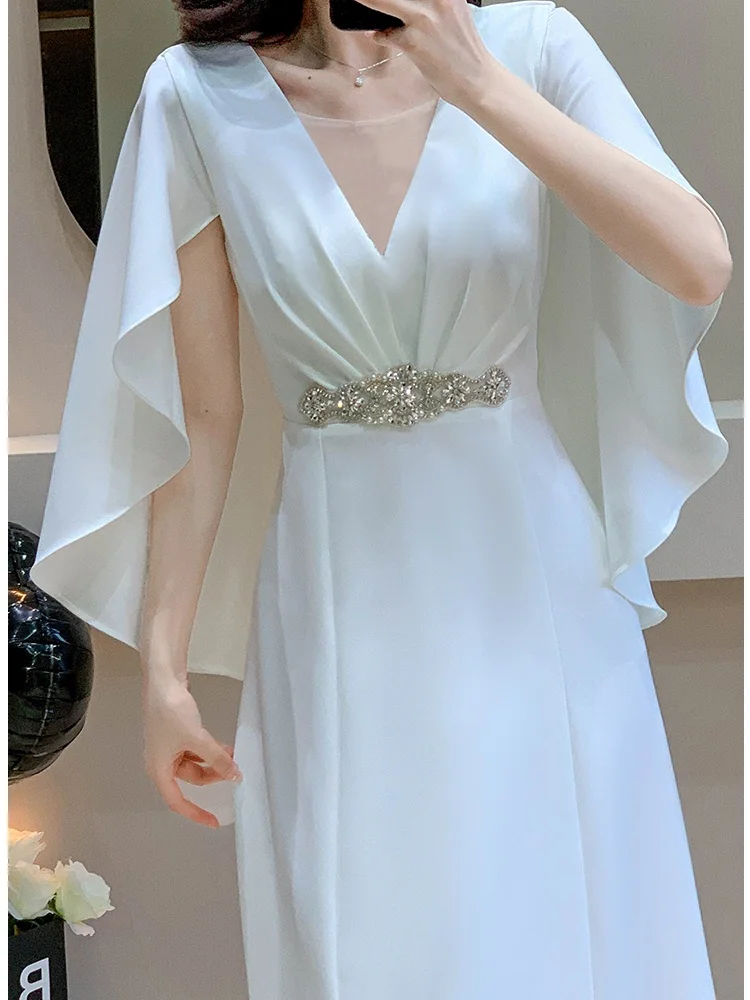 Solidne wyszczuplające temperament eleganckie sukienki dla kobiet wokół szyi biała luksusowa długa sukienka z koralikami kobieca elegancka odzież nowość