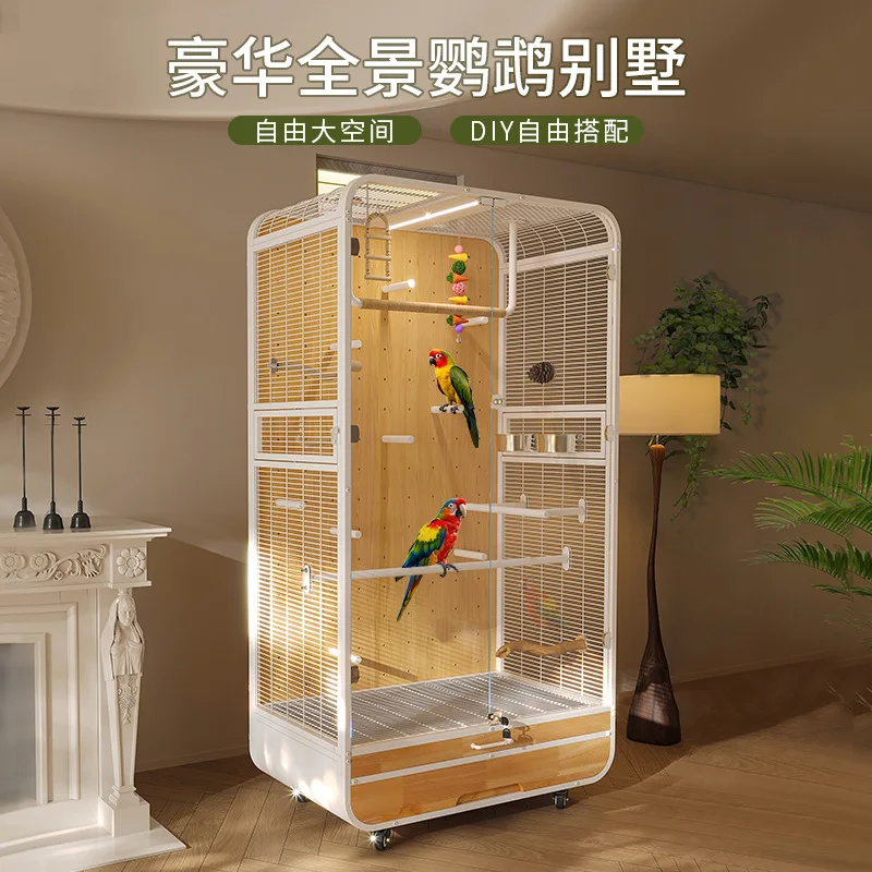 

Large parrot bird cage villa movable solid wood wrought iron panoramic gray machine monk sun panorama bird cage