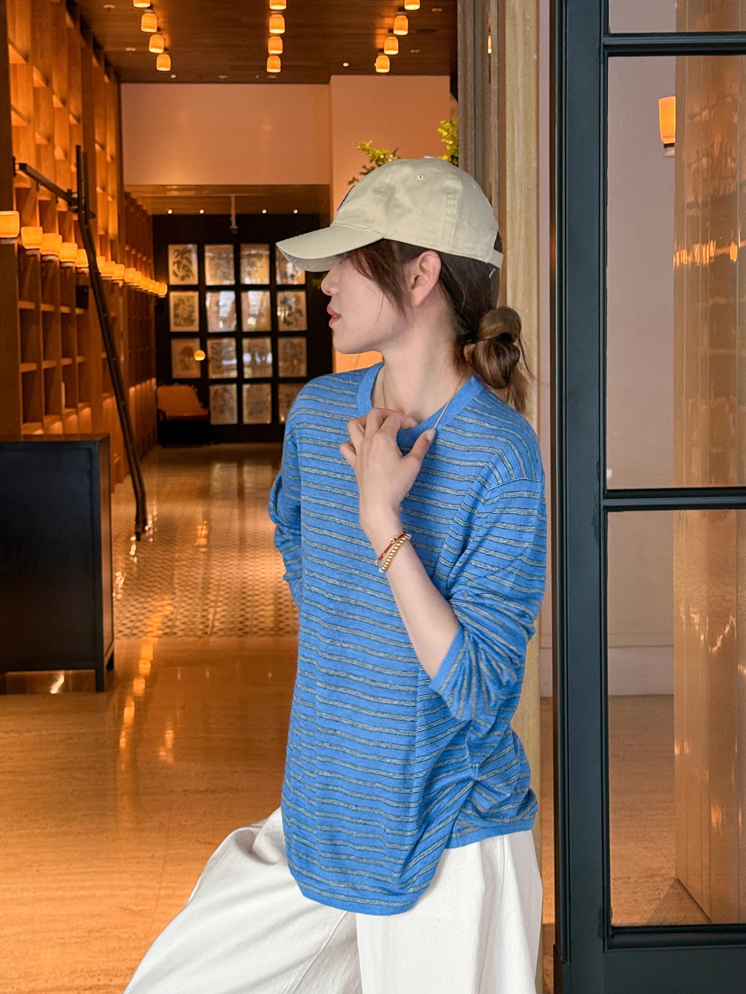 

Premium Cool Lightweight Long Sleeve Knitted Stripe Shirt Silk Linen Casual Loose Fit round Neck Breathable Comfortable Women...