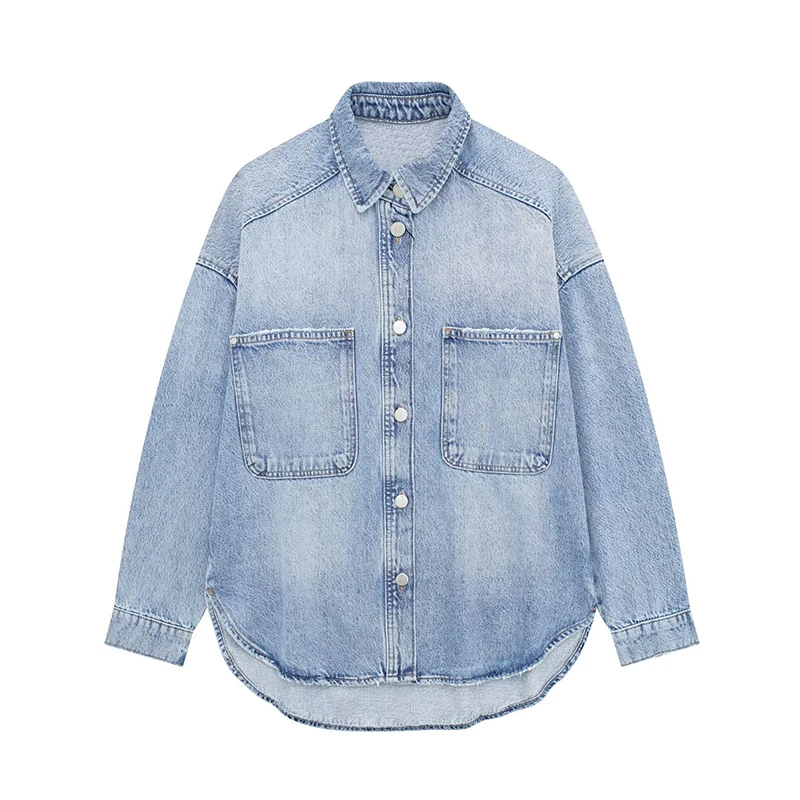 Fashion Casual Blue Denim Jacket For Women Spring Autumn Long Sleeved Lapel Single Breasted Coat 2024 New Loose Female Clothing