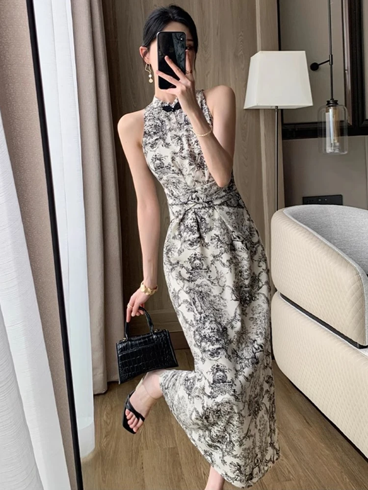 Summer New Vintage Print Sleeveless Midi Dresses for Women 2023 Fashion Slim Female Vestdios Lady Elegant Party Bodycon Clothing