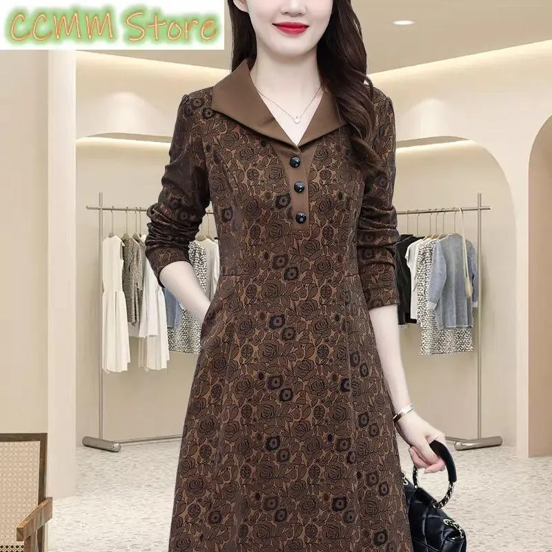 

Spring Autumn Turn-down Collar Button Dresses Female Clothing Long Sleeve Vintage Floral Printed A-Line Waist Slim Midi Dress
