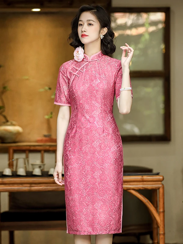 

Розовое кружевное платье Dorabana Ele средней длины в стиле ретро, для повседневной носки, из комфортной нейлоновой ткани, однотонное, с коротким рукавом.