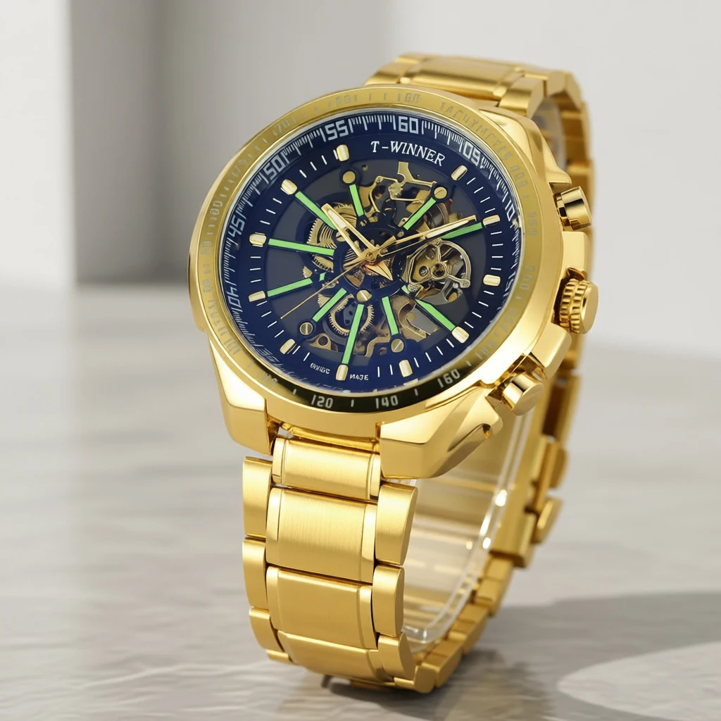 

Winner Sports Watch for Men Fashion Casual Gents Automatic Mechanical Steampunk Skeleton Luminous Dial Stainless Steel Watchband