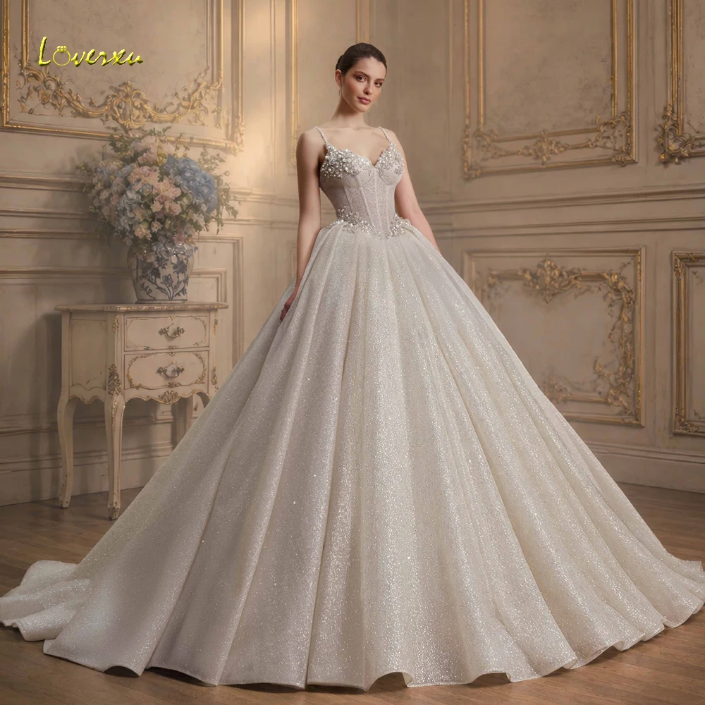 Loverxu A-Line Graceful Wedding Dresses Spaghetti Strap Vestido De Novia Lace Embroidery Glitter Beaded Custom Made Bridal Gown