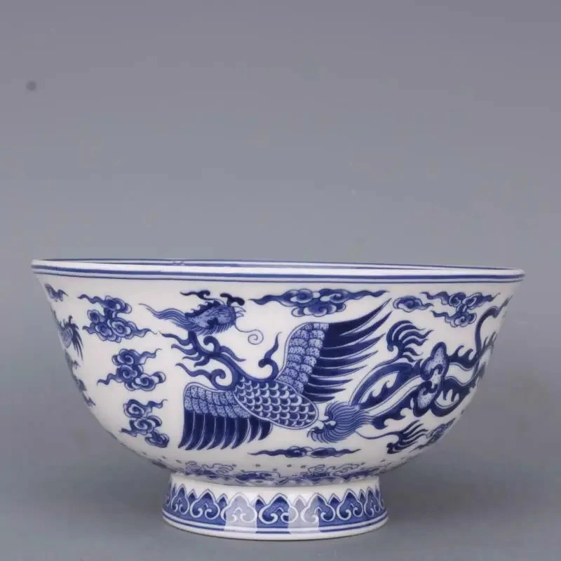 Chinese Blue and White Porcelain Qing Qianlong Dragon Phoenix Design Bowl Antique Porcelain Noodle Bowl 6.1 inch