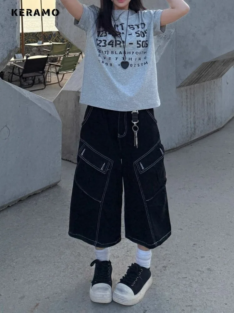 American Vintage High Street Jeans Y2K Harajuku Solid Pockets Denim Trouser 2025 Summer Women's Grunge Casual 2000s Pants