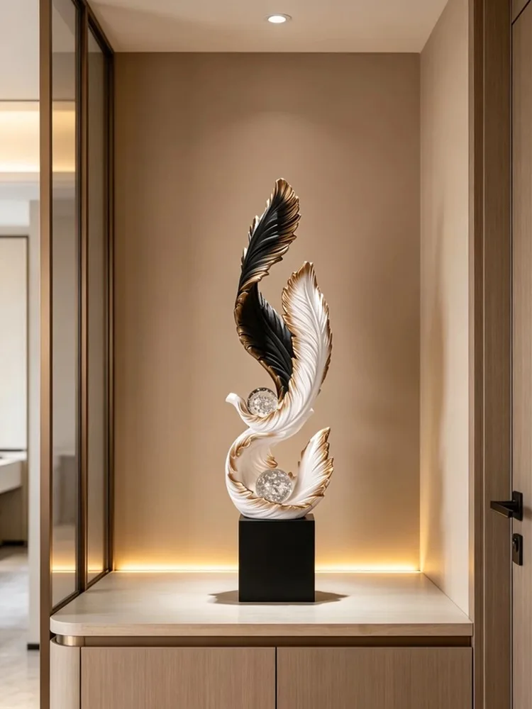 Modern Light Luxury Feather Resin Figurine With Crystal Ball Desktop Ornament Home Office LivingRoom Decor Mini Model Craft Gift