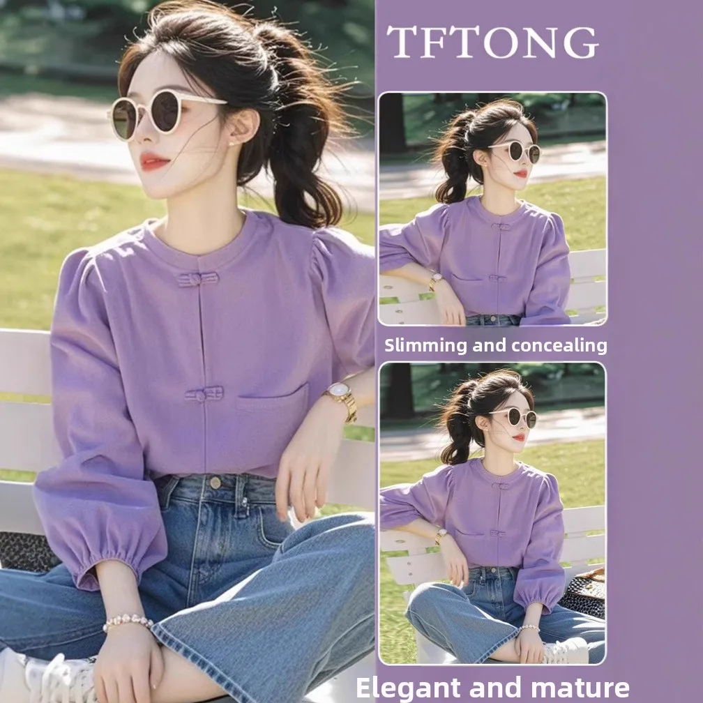 

Spring 2025 Women's Long Sve irt Unique Purple Button Design Sensation Small ence Ele Faionable Chinese Sle