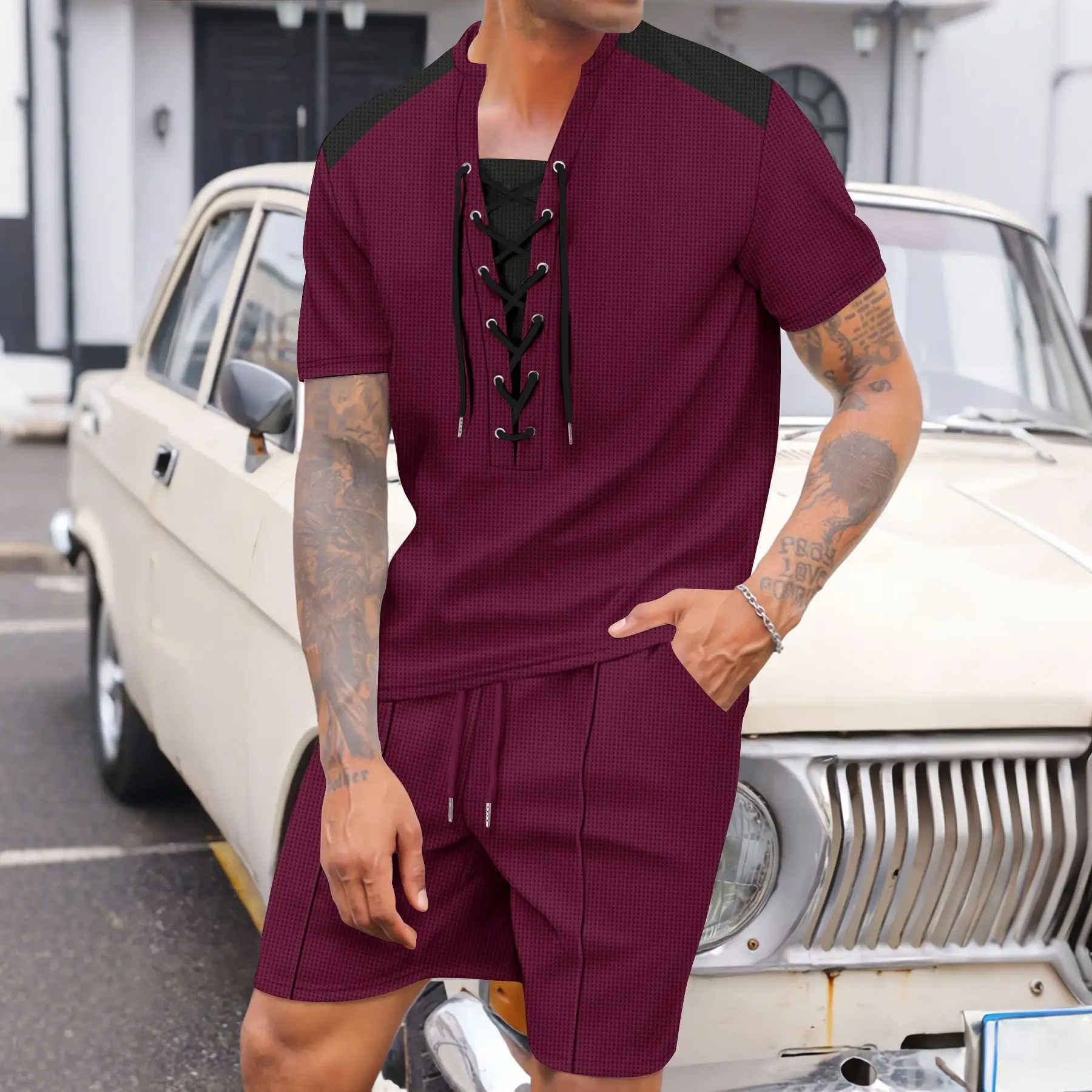 2025 new men's summer trend casual loose comfortable fashion wear rope round neck solid color short-sleeved shorts two-piece set