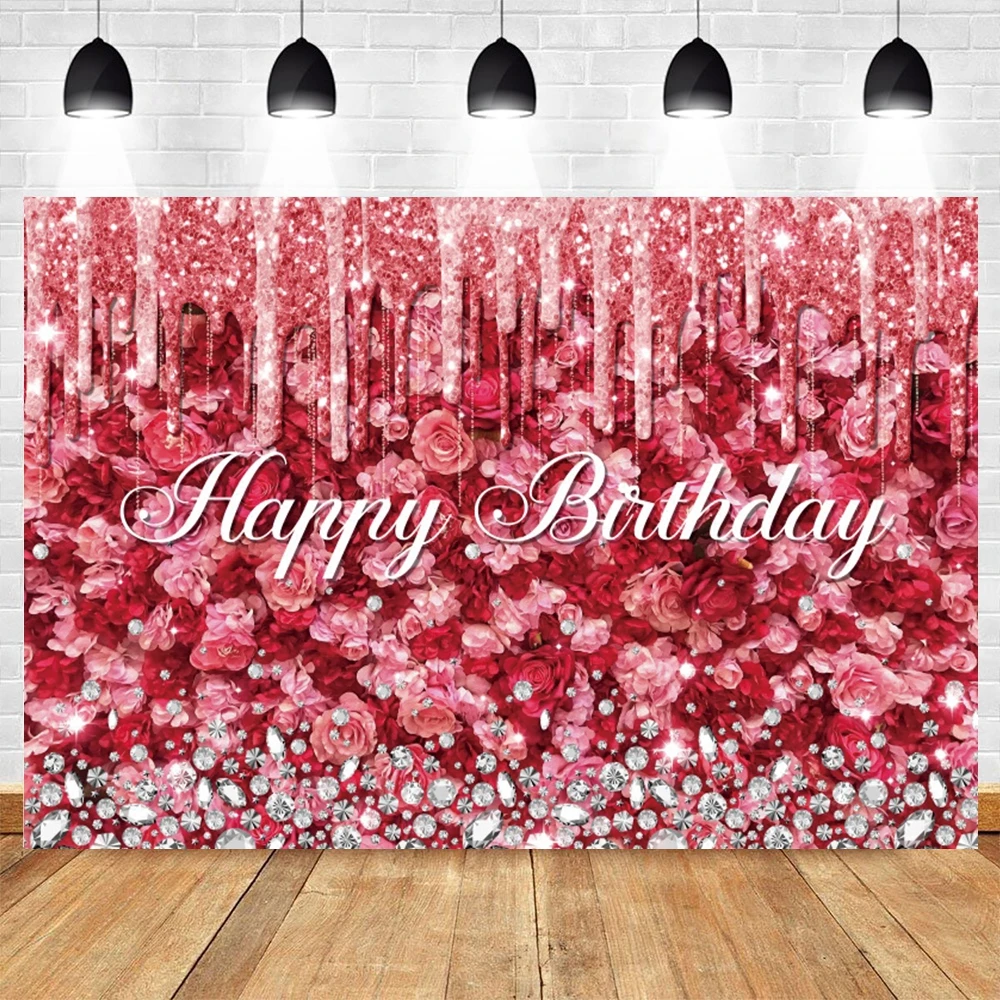 Happy Birthday Flower Wall Photography Backdrop Customized Glitter Pink Red Floral Wedding Bridal Baby Shower Photo Background