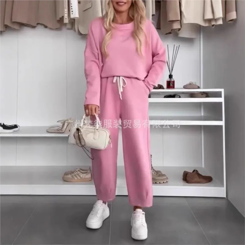 

New Solid Color Loose Casual Sports Suits Fashion Spring Women's Pullover Hoodie Top + Wide-leg Trousers Two-piece Set for Women