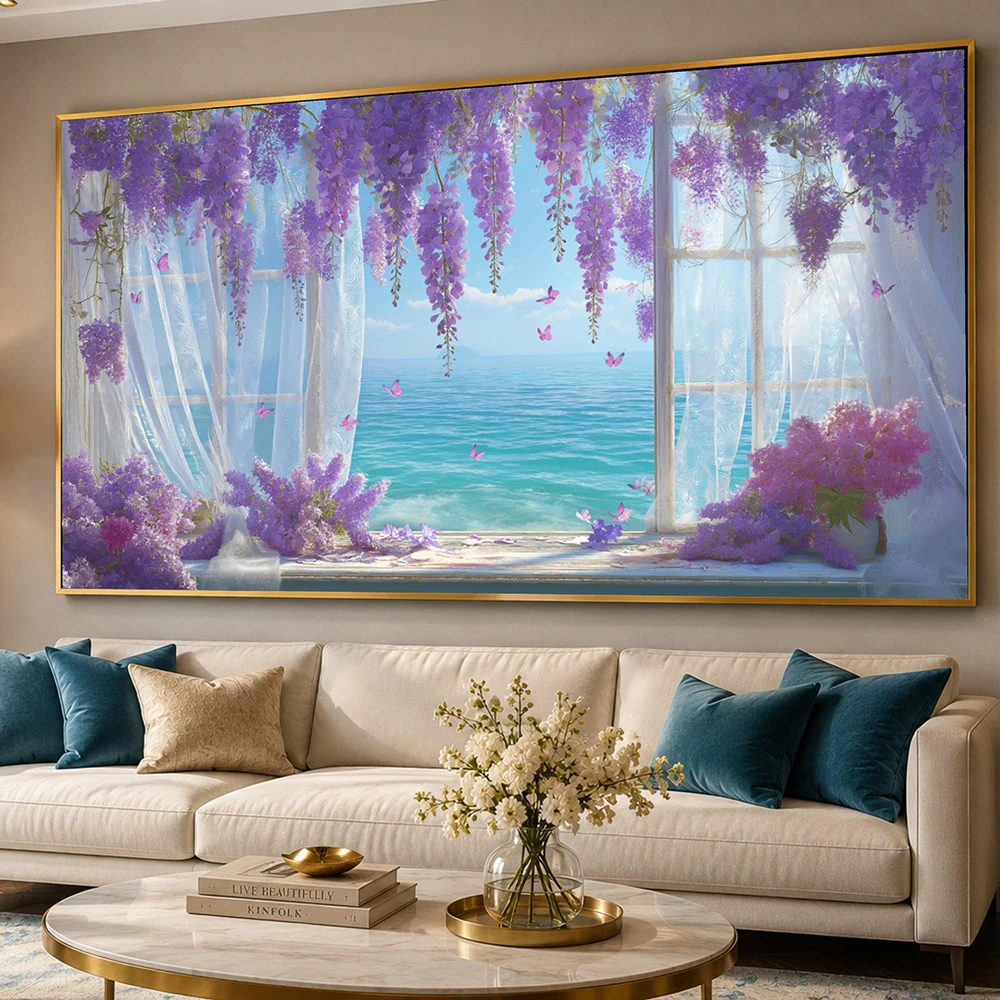 (1PC Unframe)Canvas art purple wisteria ocean, butterfly flowers coastal landscape print, elegant home artwork,  living room, be