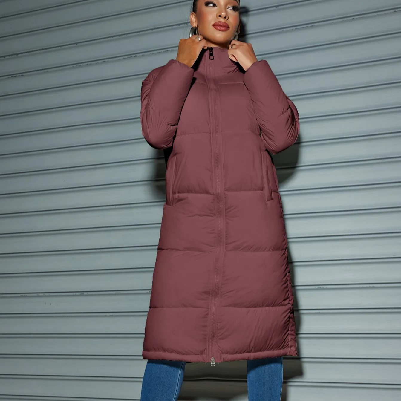 European Winter New Fashion Women’s Solid Color Stand Collar Casual Trendy Simple Basic Long Quilted Coats Female Parkas Tops