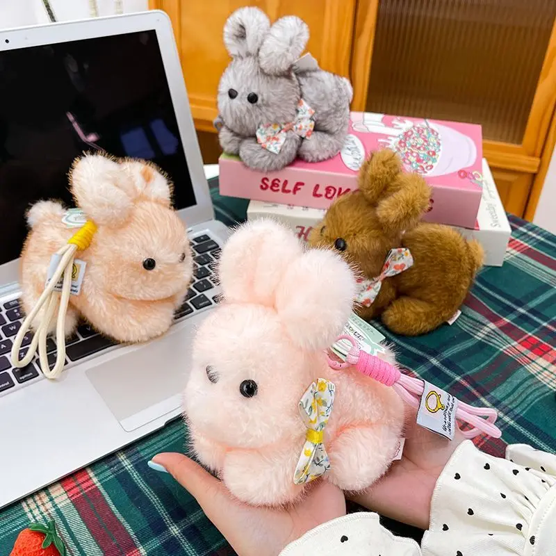 Cute Bunny Plush Keychain Soft Fluffy Rabbit Doll with Floral Bow Tie Kawaii Stuffed Animal Pendant for Backpack Holder Kid Gift