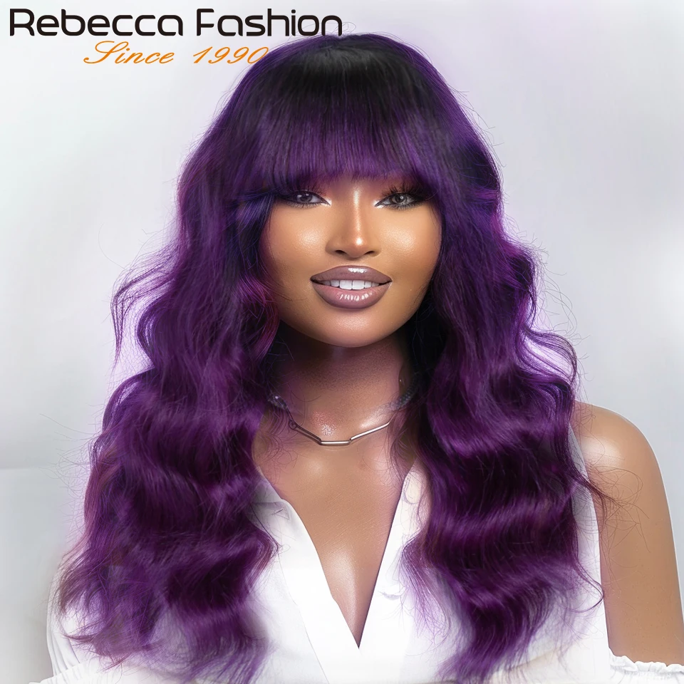 

22" T1B/Purple Body Wave Human Hair Wigs With Bangs Fringe Put On And Go Brazilian Full Machine Made Women Wigs Machine Made Wig