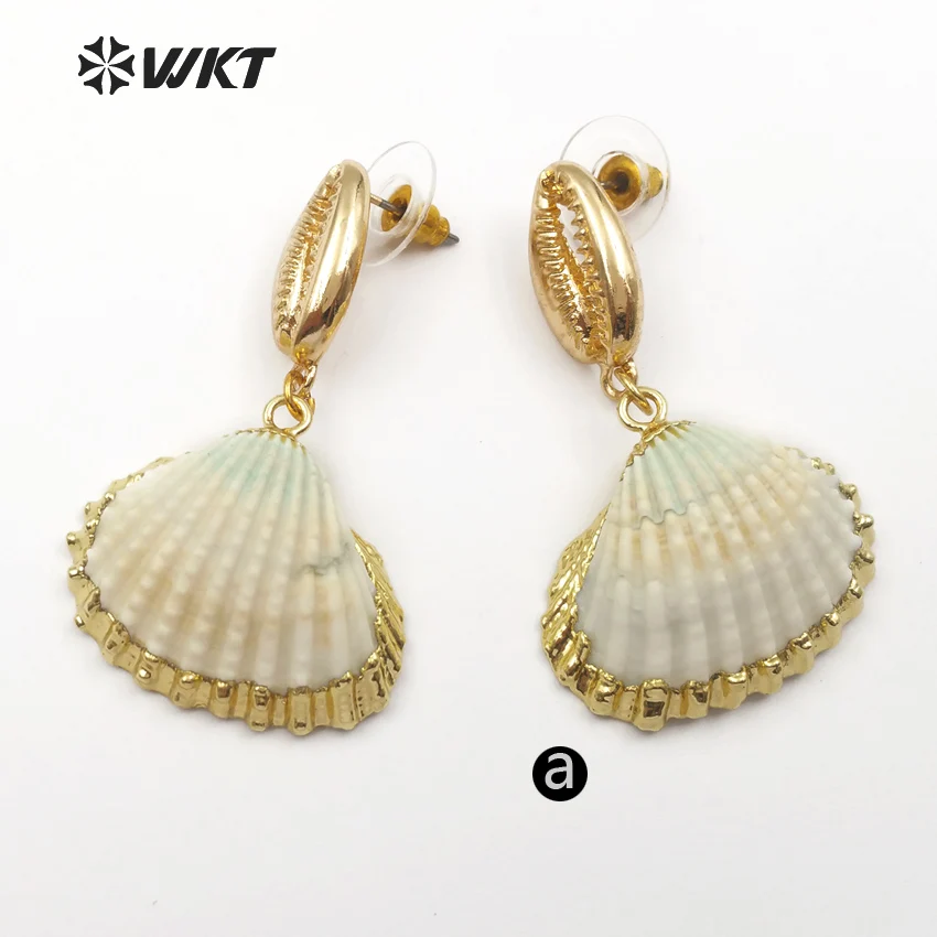 WT-E439 Special Design Full Gold Dipped Cowrie Inlay Scallop Shell Earring Middle Length Beach Lovely Decorative