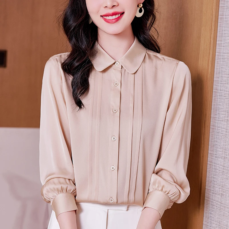 

New Elegant Shirts And Blouses For Women Real Silk Women's Solid Blouse Long Sleeve Turn-down Collar Office Lady Shirt Tops