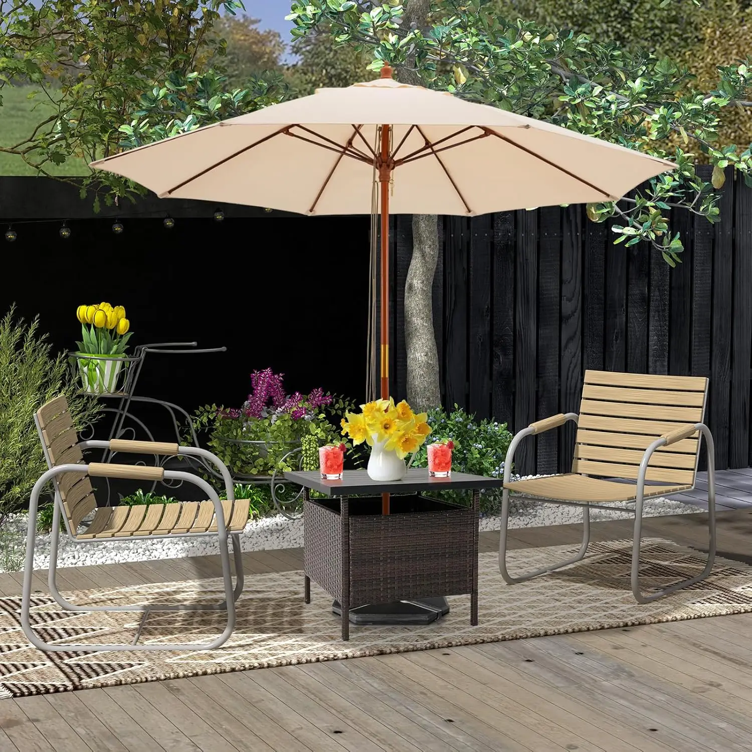 Outdoor Side Table with Umbrella Hole, PE Wicker Frame, Rattan Bistro Table, Umbrella Table Base for Patio Garden Deck Poolside