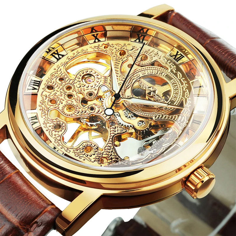 WINNER Classic Skeleton Mechanical Watch for Men Luminous Hands Leather Strap Business Hand Winding Mens Watches Top Brand Gifts
