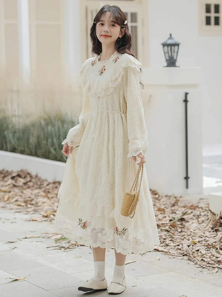 Japanese Mori Girl Style Lace Dress Woman Retro Ruffles Embroidery Petal Sleeve Loose Casual Draw String Romantic Fairy Dresses
