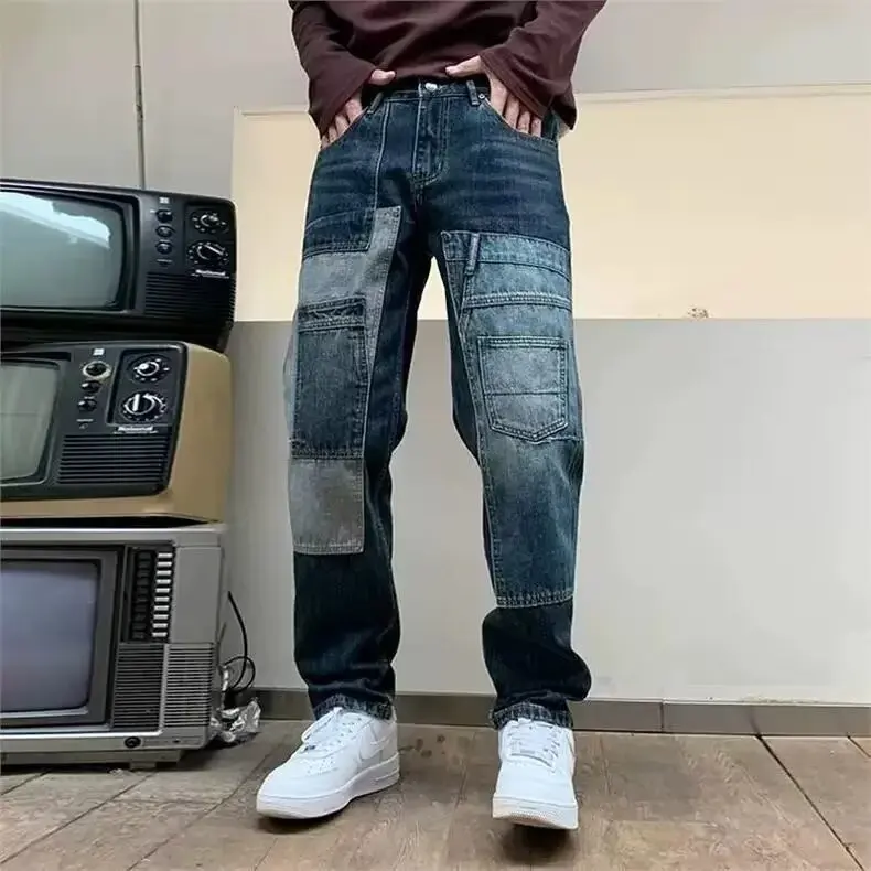 Retro Washed Design Patch Splicing Contrasting Color Multi-pocket Tooling Jeans 2026 Men's New Tapered Trousers