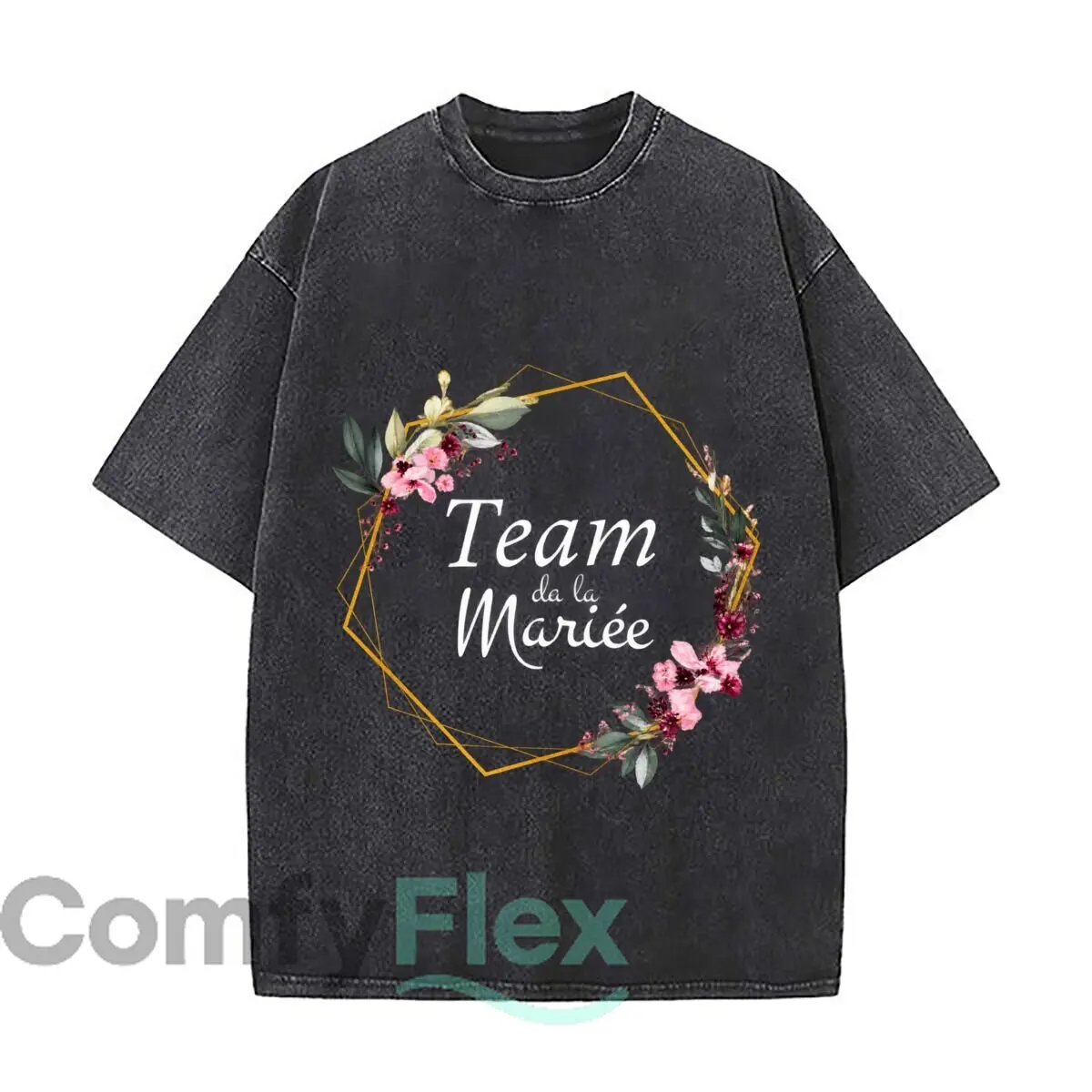 Team De La Mariee Floral Gold Geometric Frame Vintage Distressed Loose Streetwear Tops for Campus Days
