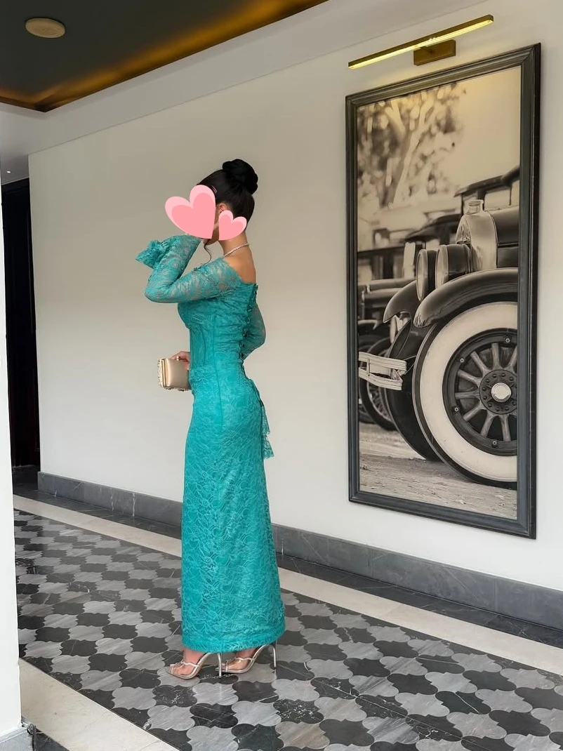 Oisslec 댄스 파티 드레스 우아한 빈티지 스위트 블루 레이스 보트 넥 리본 맞춤형 공식 행사 댄스 파티 드레스 저녁 파티 가운