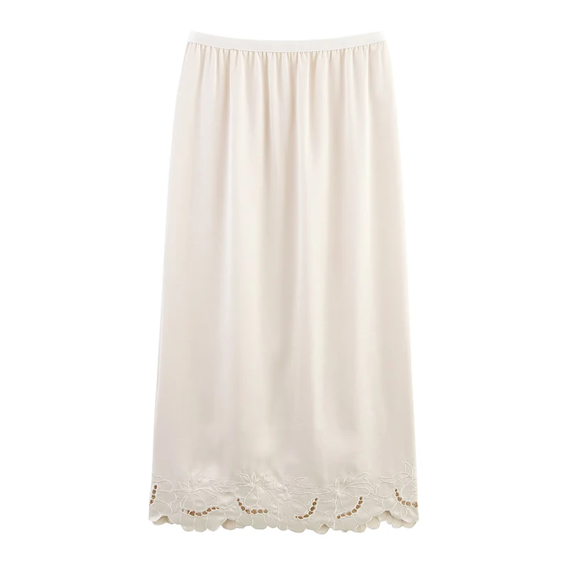 

Z Женская атласная юбка из ацетата с вышивкой и высокой талией, эластичная талия, юбка-миди трапециевидной формы с резным дизайном отверстий для поездок на работу