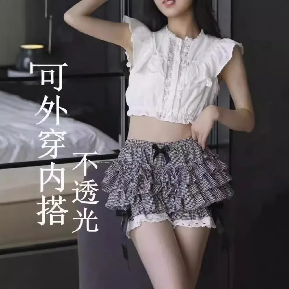 Lolita Short Maid Ruffle Shorts Womens Cute Lace Trim Layered Ruffle Bloomers Short Cotton Bowknot Frilly Security Short Pants