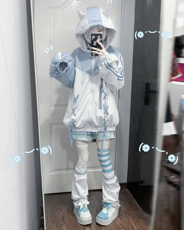 Y2K Fashion Streetwear Women Hoodie Harajuku Goth Blue White Cotton Sweatshirt Japanese Kawaii Clothing Oversized Zipper Hoodies