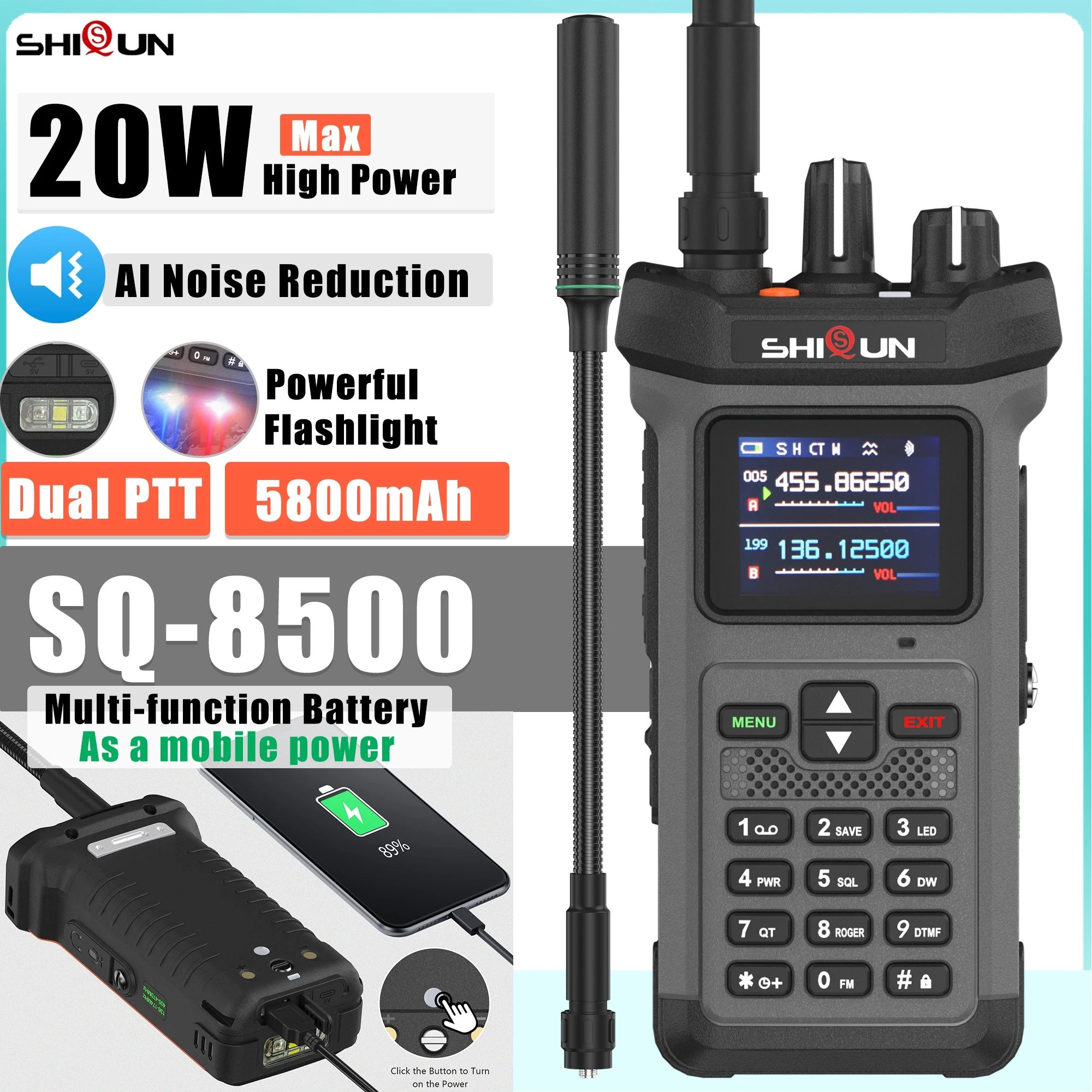 SQ-8500 AI الحد من الضوضاء لاسلكي تخاطب 20 واط ماكس ثلاثي الطاقة نوع C شحن أضواء ستروب IP54 المزدوج PTT قوة البنك اتجاهين الراديو