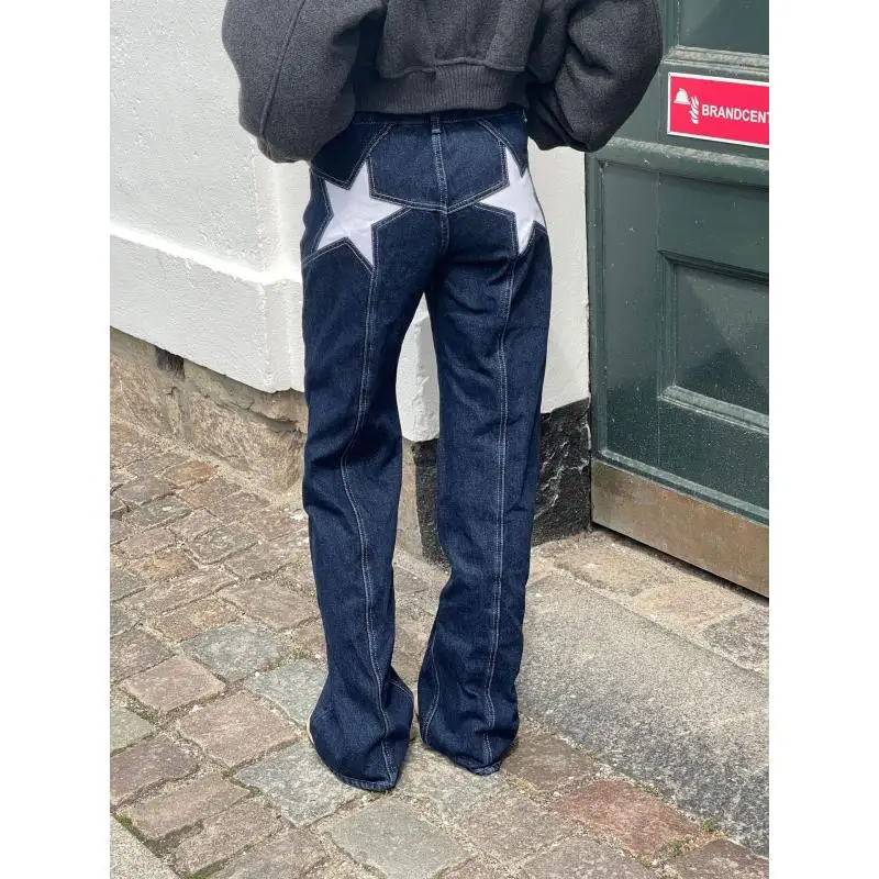 Women Star Patchwork Flare Jeans High Waist  Vintage Bootcut Denim Pants Streetwear Bell Bottom Trousers