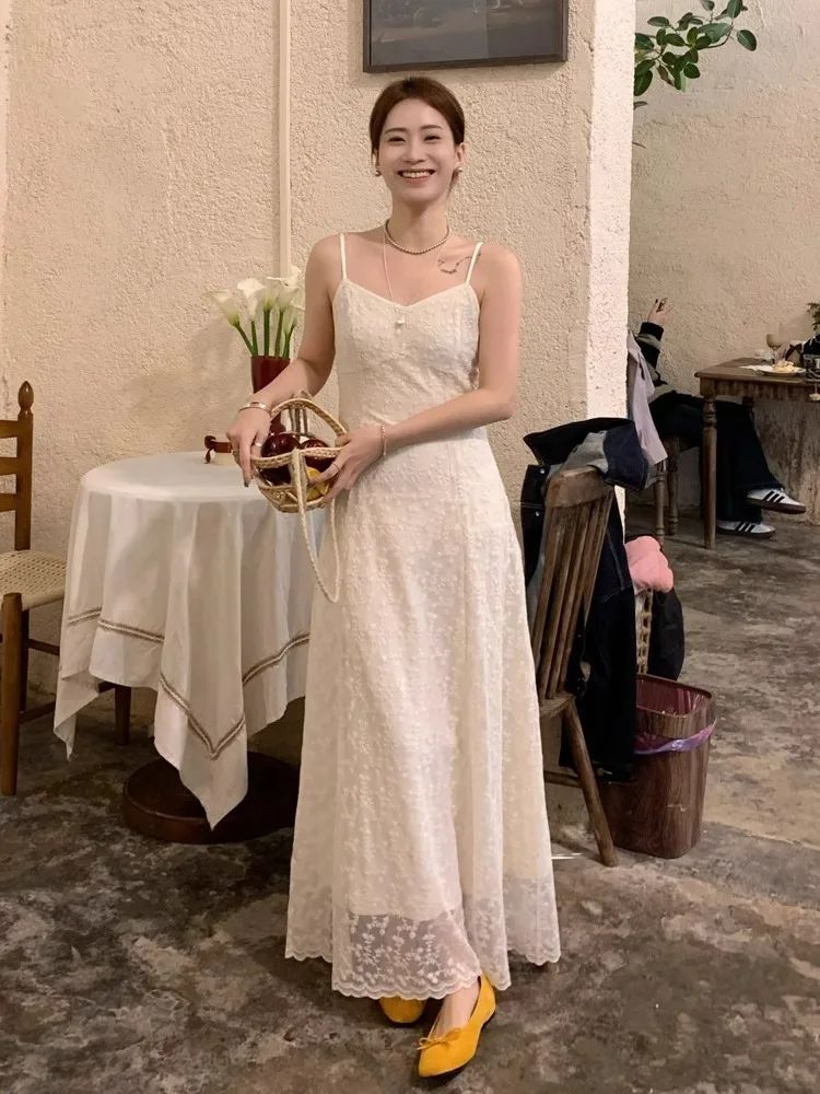 White Lace Heavy Embroidery Summer Dress Women's Gown Sleeveless High Waist A-Line Skirt Elegant Style New 2025 Poem Memory