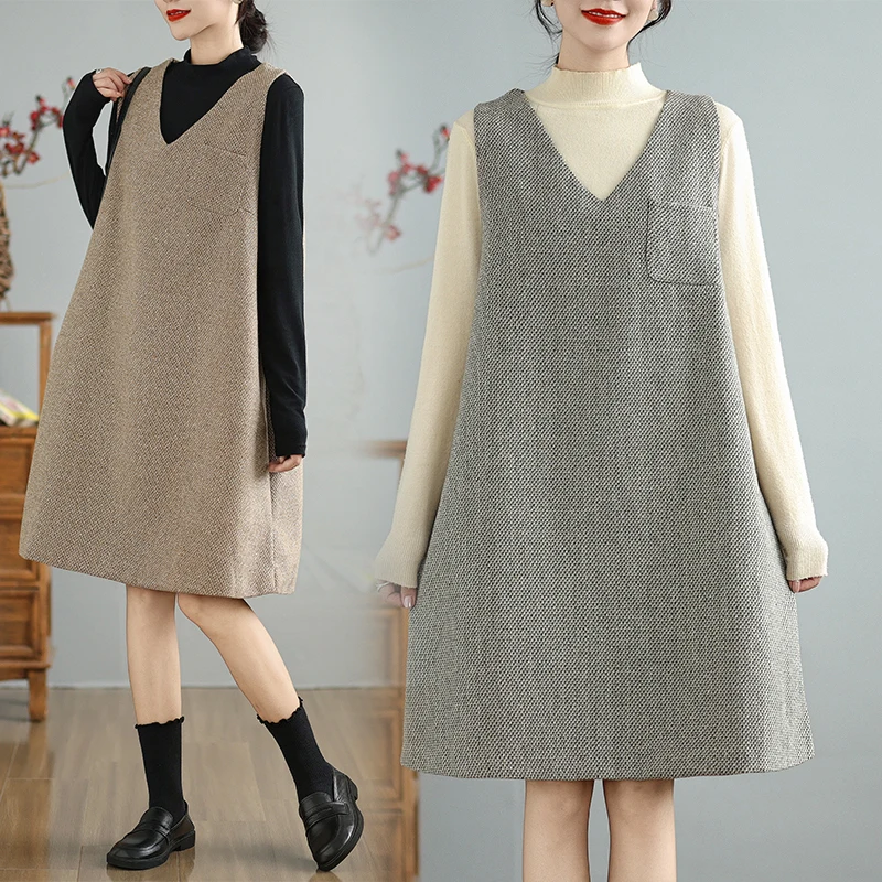 Elegant Wool Vest Dress Women's Autumn 2024 New Style Korean Version V-Neck Midi Skirt Sleeveless Fashionable Commute Wear