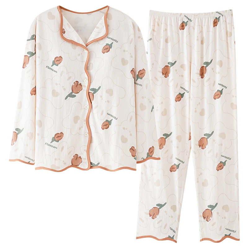 Frühling und Herbst Frauen gestrickt Baumwolle Pyjama Set weibliche M-5XL lässige V-Ausschnitt Langarm Home Kleidung mit Brust polster