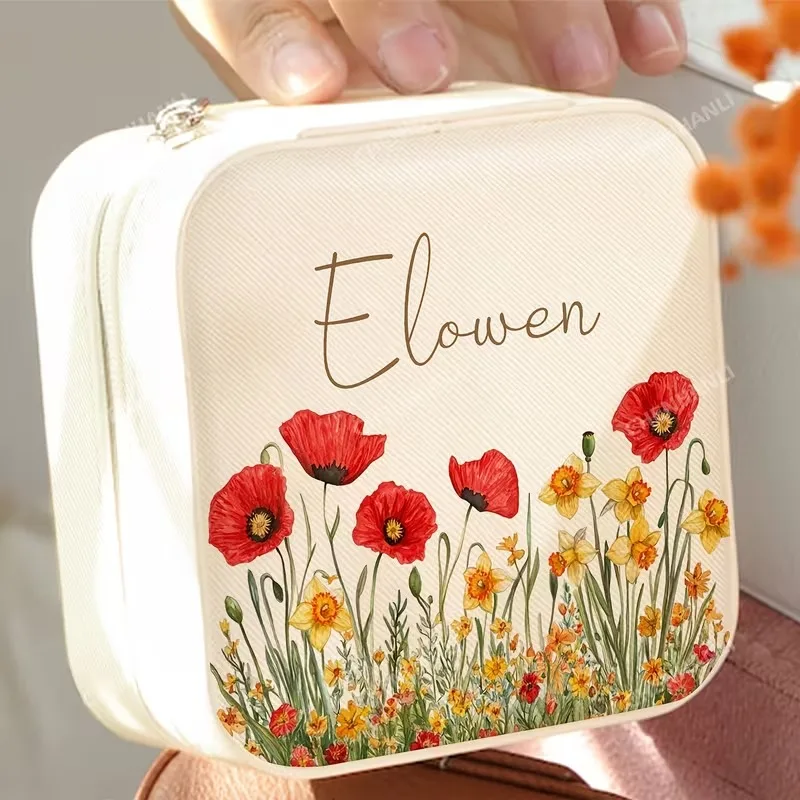 Custom flower field Beige jewelry box, custom name, bridesmaid gift, graduation birthday gift for sisters friends,best gift - view 5