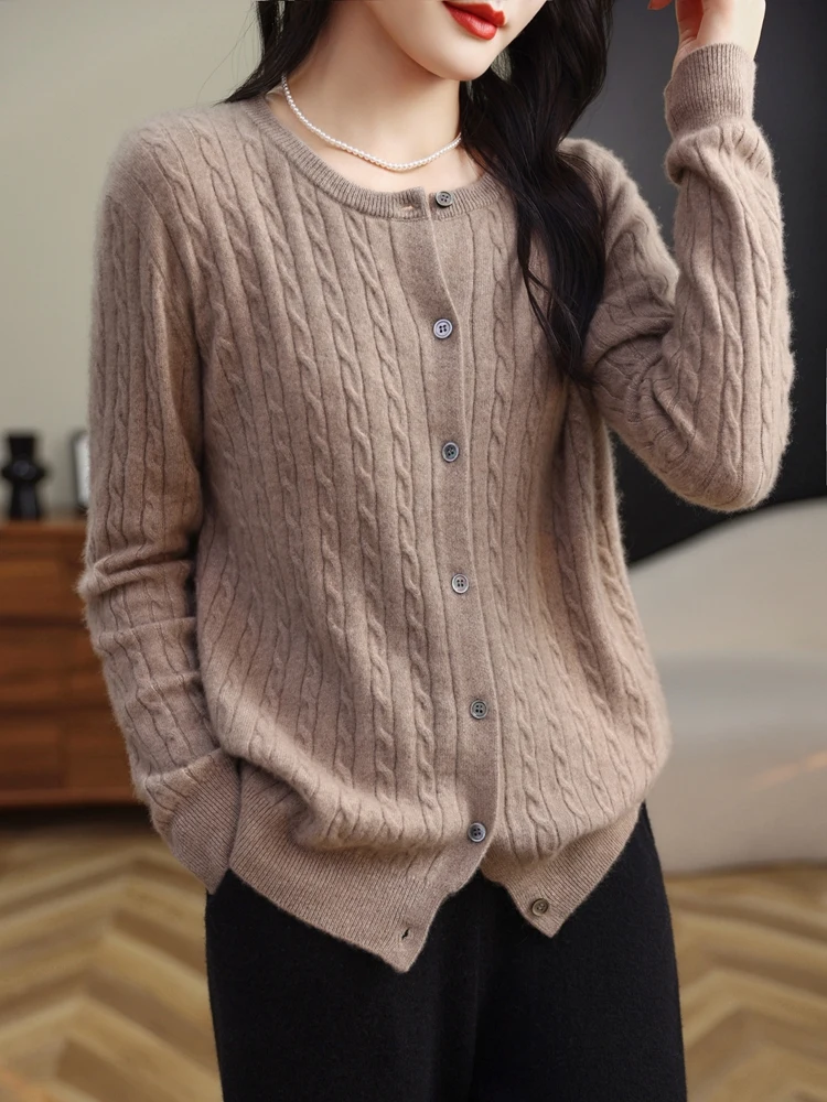 Women Merino Wool Sweater O-neck Twisted Cardigan Autumn Winter Cashmere Casual Knitwear Long Sleeve Soft Jacket Bottoming Tops