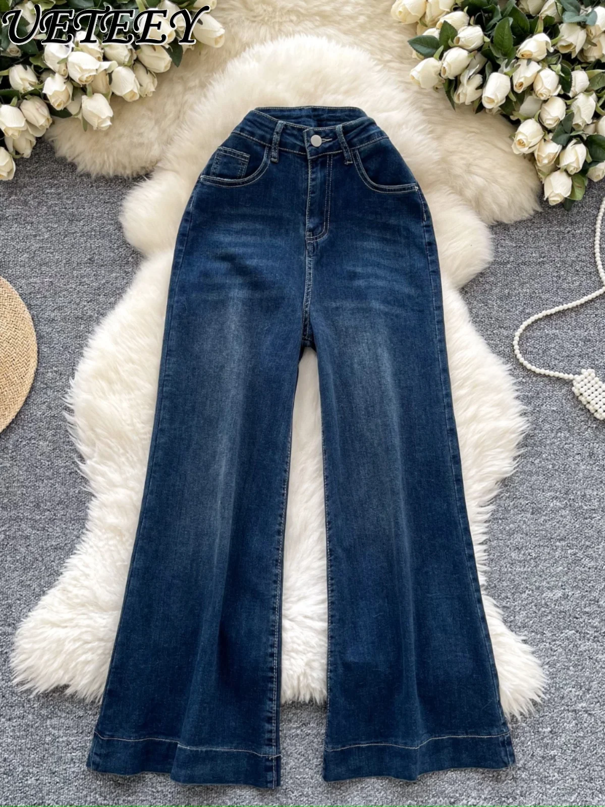 Women's High-waisted Loose Wide-leg Jeans Autumn and Winter New Retro Washed Denim Slim Straight Nine-point Baggy Pants