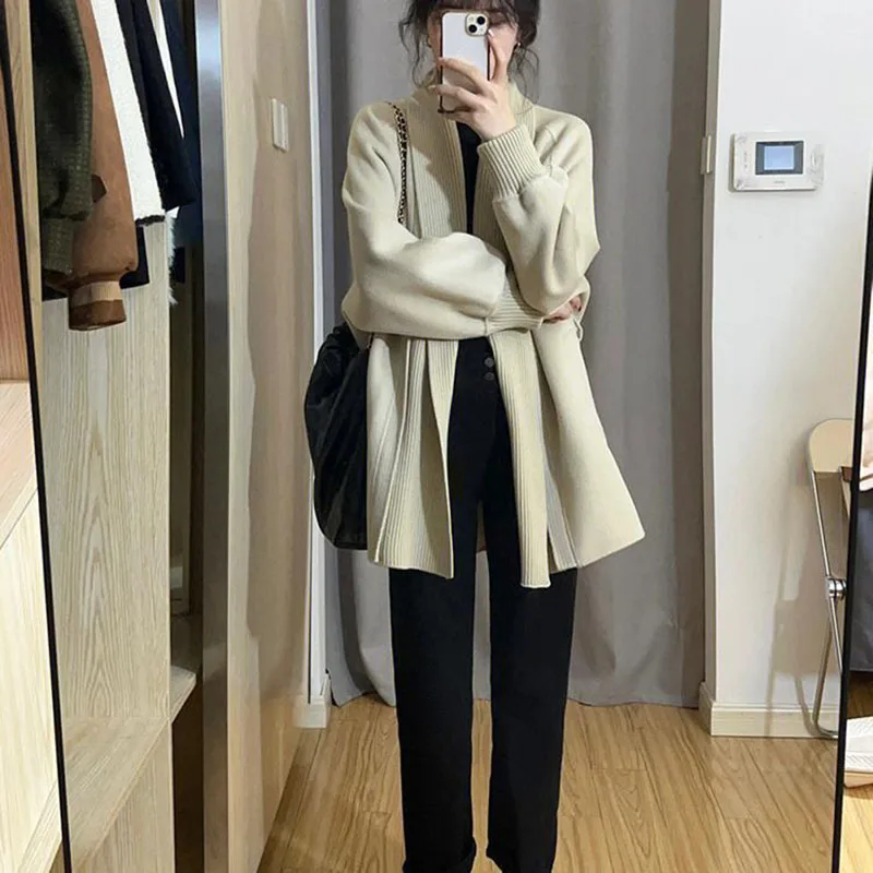 

Casual Loose Comfor Knit Women Sweater 2023 Autumn Winter Fashion Knit Sweater Striped Lantern Sleeves Korean Cardigan Sweater