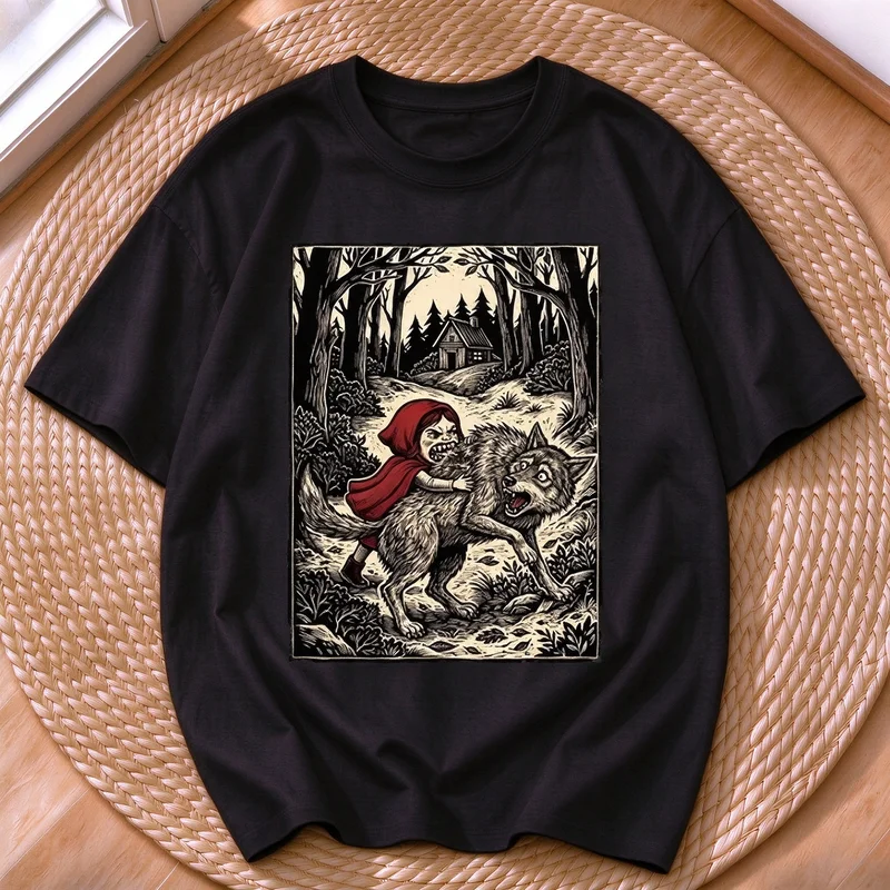 Little Red Riding Hood Fighting Wolf Dark Fairy Tale Graphic T‑Shirt Retro Woodcut Art Casual Unisex Streetwear Tee Y2k Top