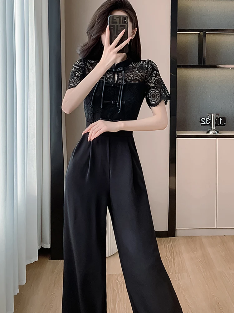 2024 New Summer Elegant Lace Splicing Short Sleeve Long Jumpsuits For Women Fashion Office OL High Waist Slim Wide Leg Rompers