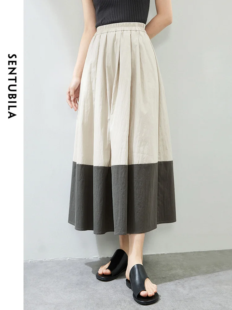 

SENTUBILA Spliced Cotton Folds Skirt for Women 2024 Autumn Casual Loose Elastic Waist A-line Long Skirt Elegant Skirts 141Q53888