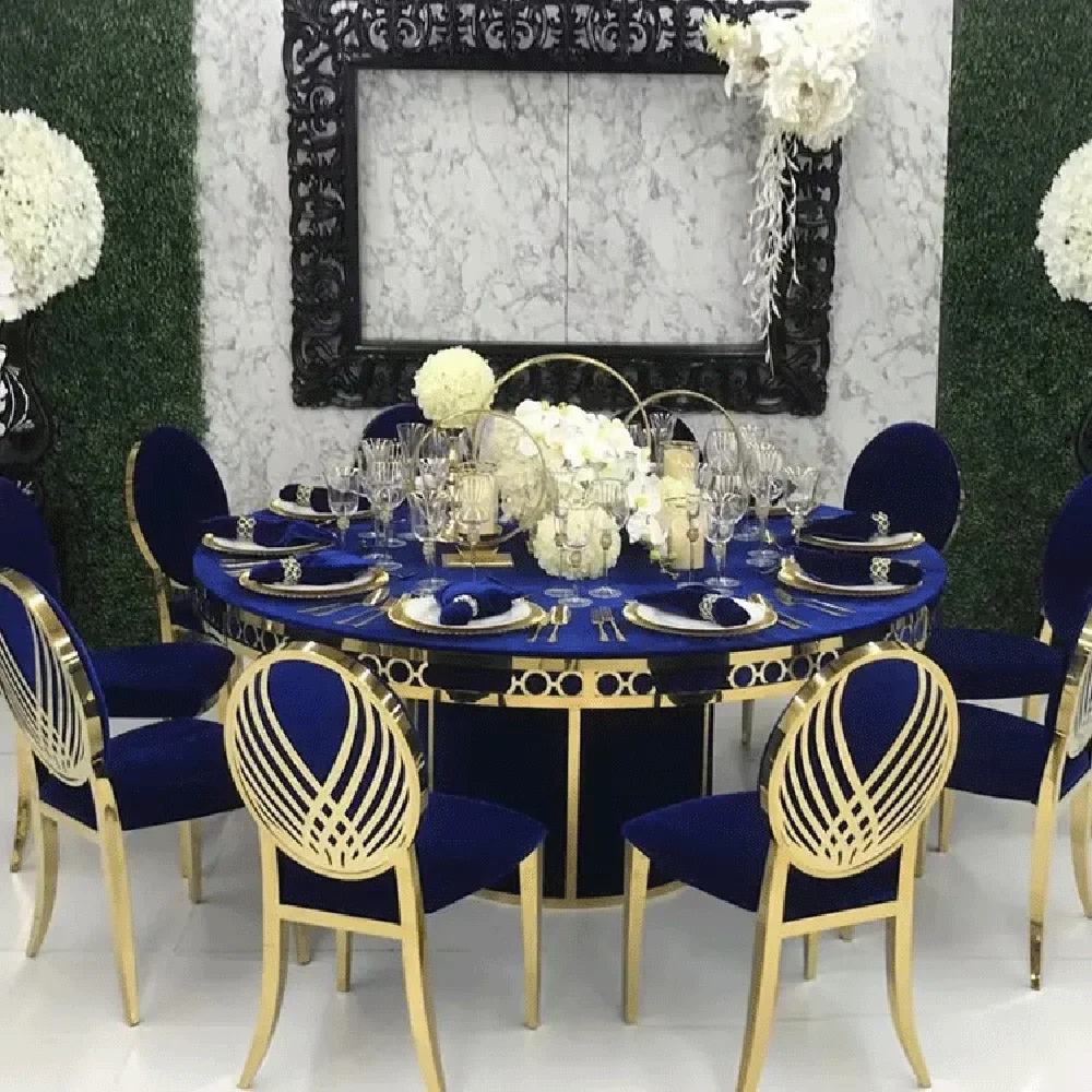 

Gold luxury royal round stainless steel metal base MDF top event wedding dinning table