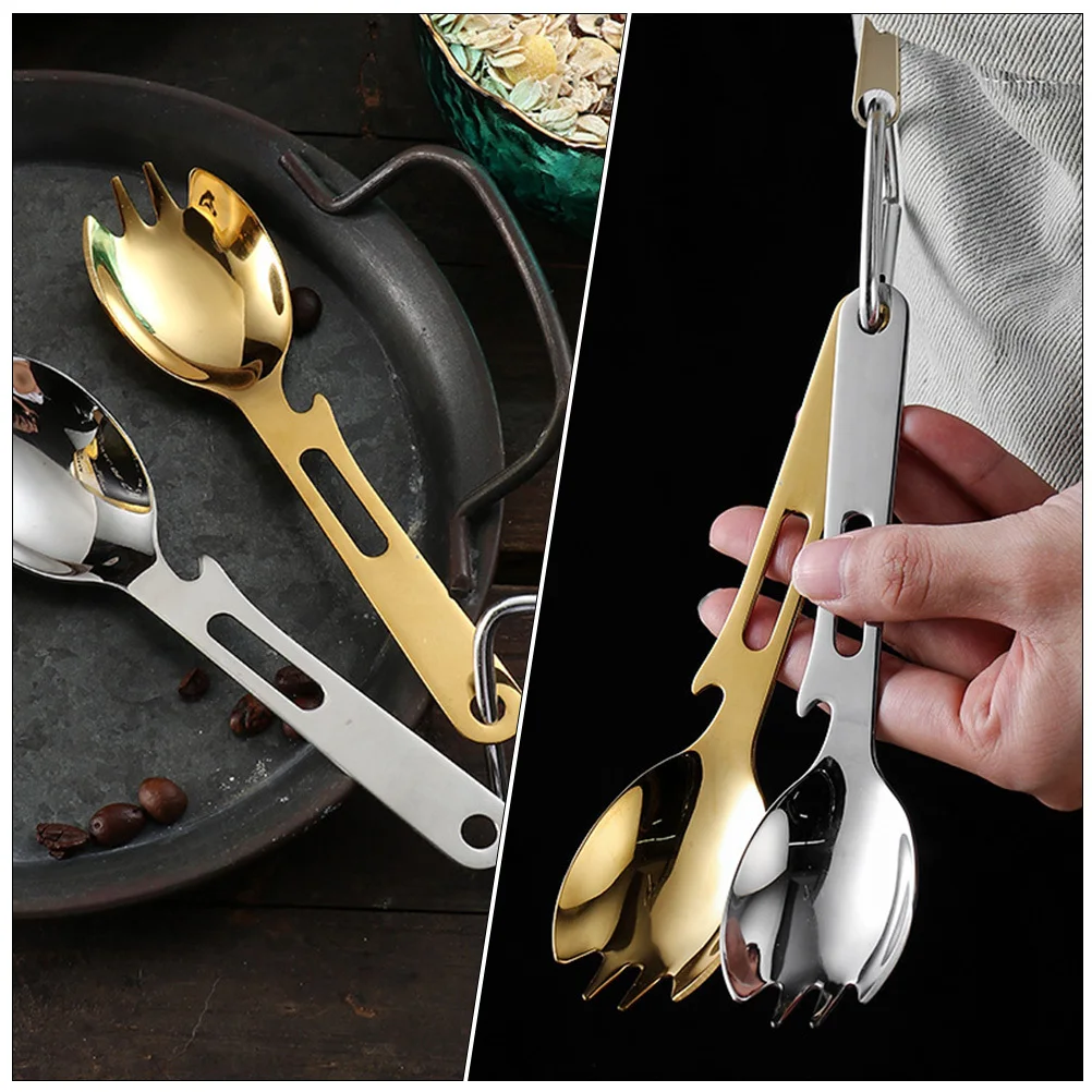 

2 Pcs Camping Accessories Multi-function Spoon Utensils Kit Spork Opener Stainless Backpack Use Silver Detachable