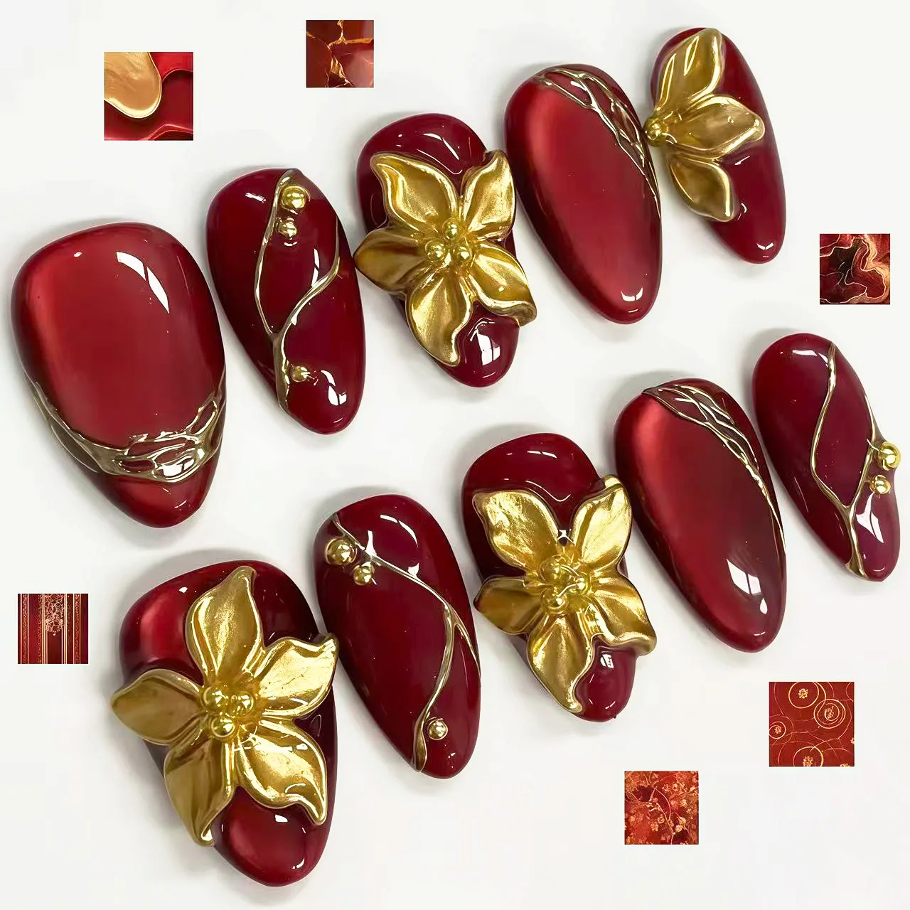 24Pcs 3D Gilded Flower Line Full Cover False Nails Mid-length Almond Wearable Press on Fake Nails Tips Red Cat's Eye Finger Nail