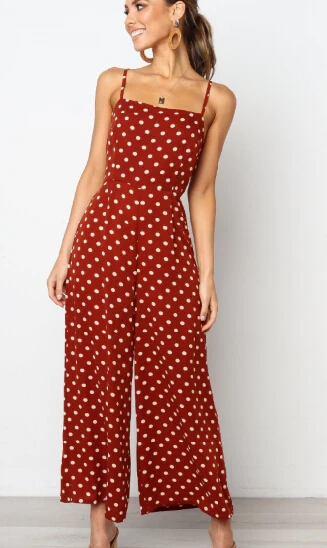 Jumpsuit panjang wanita, Jumpsuit musim panas polkadot cetak Sling Hollow Back busur Romper atas kaki lebar celana panjang Jumpsuit